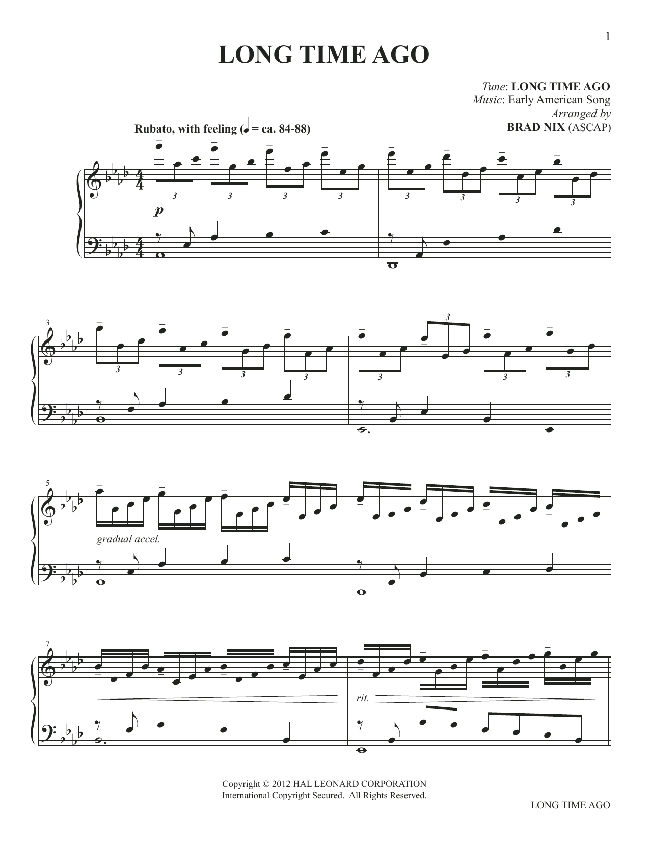Early American Song Long Time Ago (arr. Brad Nix) sheet music notes and chords arranged for Piano Solo
