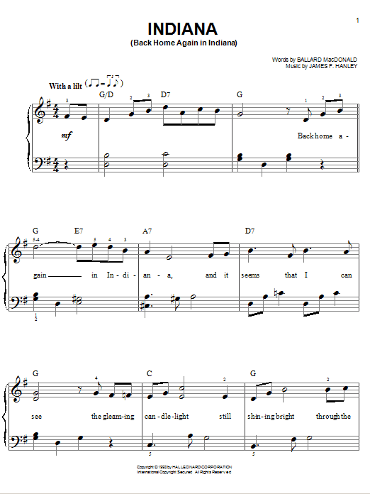 Early Jazz Standard Indiana (Back Home Again In Indiana) sheet music notes and chords arranged for Easy Piano