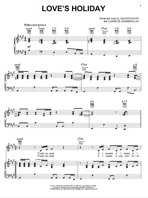 Earth, Wind & Fire Love's Holiday sheet music notes and chords arranged for Piano, Vocal & Guitar Chords (Right-Hand Melody)