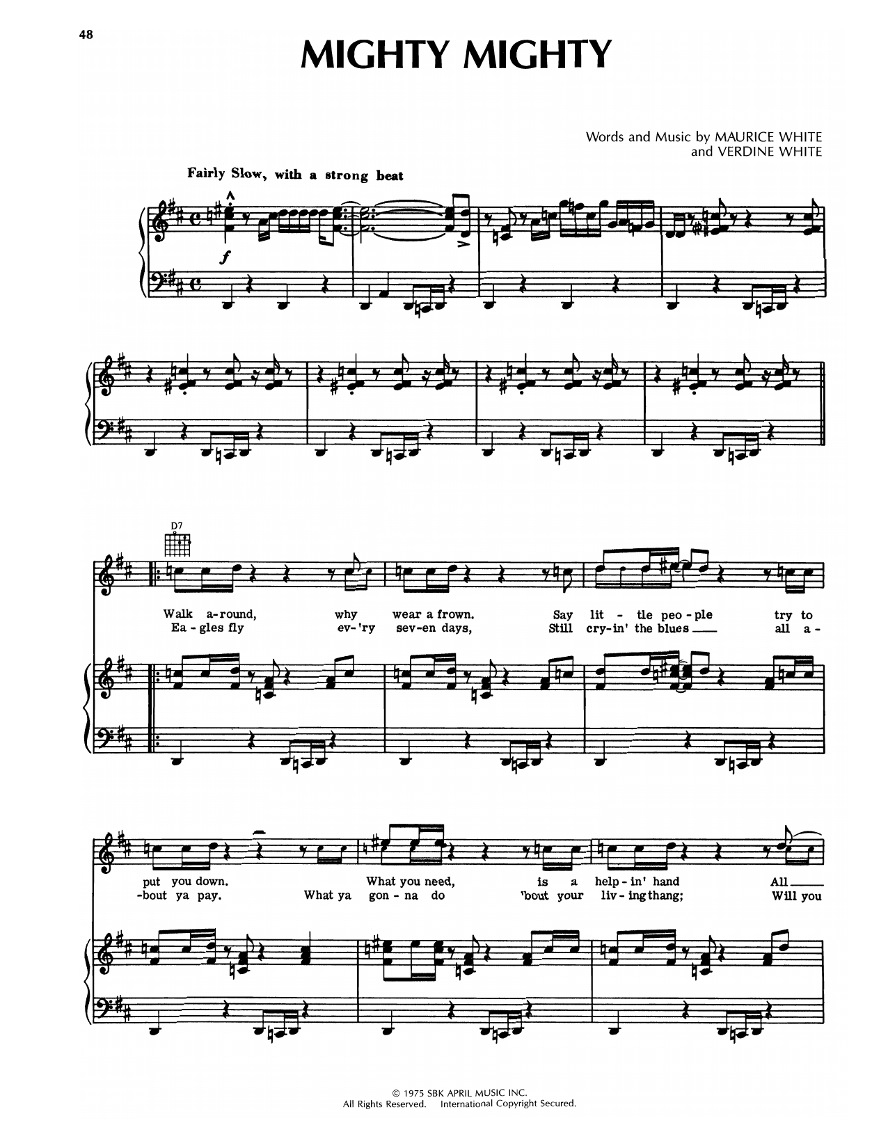 Earth, Wind & Fire Mighty Mighty sheet music notes and chords arranged for Piano, Vocal & Guitar Chords (Right-Hand Melody)