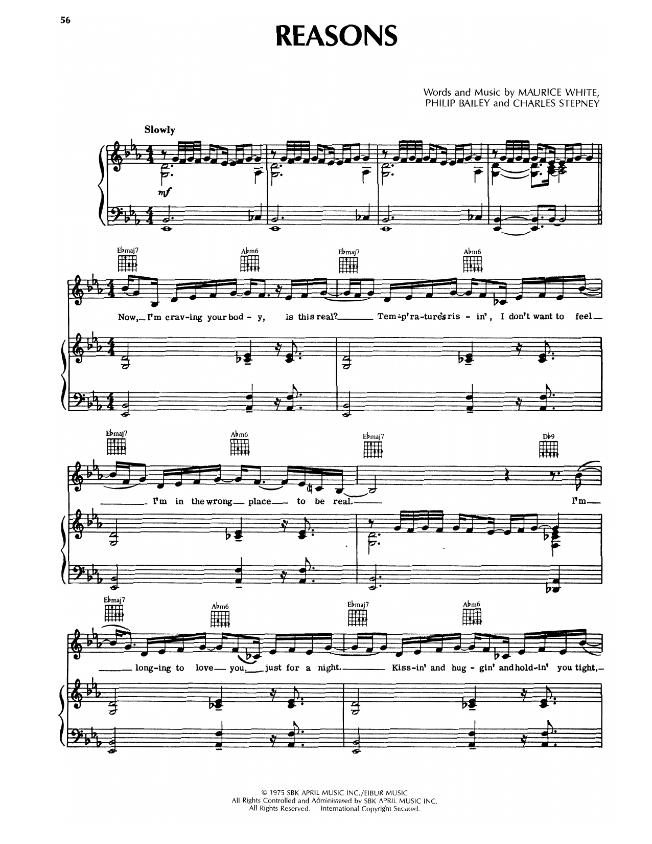 Earth, Wind & Fire Reasons sheet music notes and chords arranged for Piano, Vocal & Guitar Chords (Right-Hand Melody)