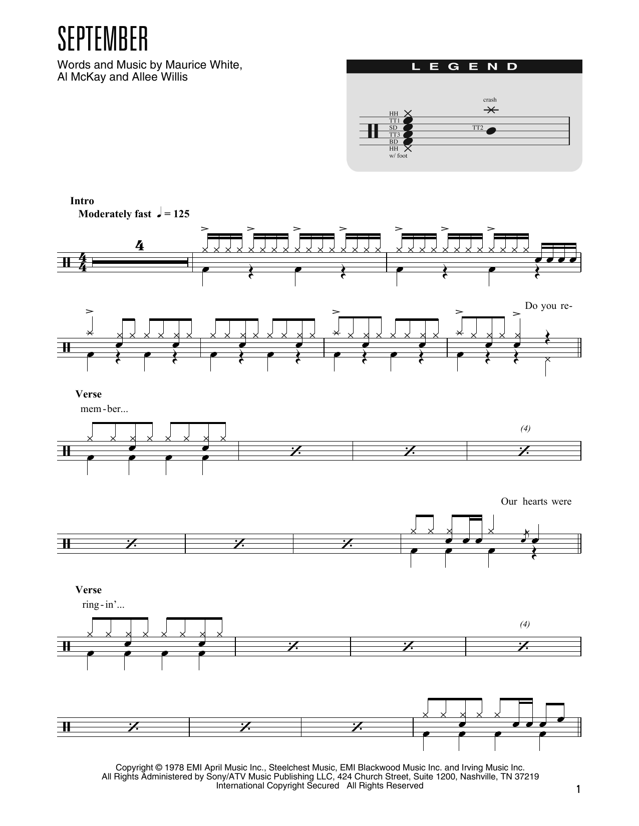 Earth, Wind & Fire September (arr. Kennan Wylie) sheet music notes and chords arranged for Drum Chart