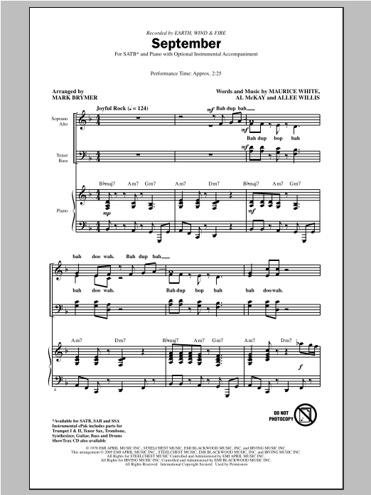 Earth, Wind & Fire September (arr. Mark Brymer) sheet music notes and chords arranged for SAB Choir
