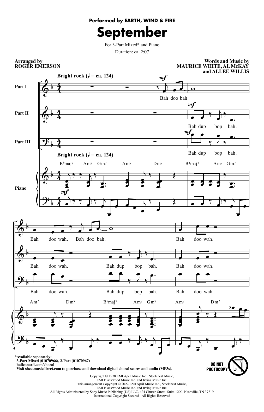 Earth, Wind & Fire September (arr. Roger Emerson) sheet music notes and chords arranged for 2-Part Choir
