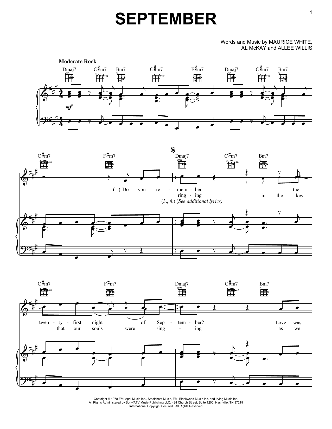 Earth, Wind & Fire September sheet music notes and chords arranged for Piano, Vocal & Guitar Chords (Right-Hand Melody)