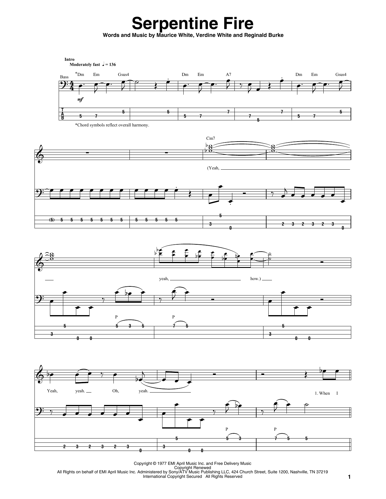 Earth, Wind & Fire Serpentine Fire sheet music notes and chords arranged for Bass Guitar Tab