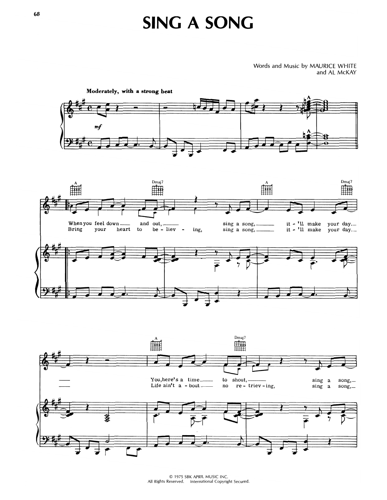 Earth, Wind & Fire Sing A Song sheet music notes and chords arranged for Piano, Vocal & Guitar Chords (Right-Hand Melody)