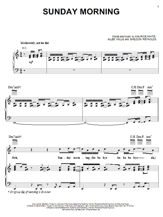 Earth, Wind & Fire Sunday Morning sheet music notes and chords arranged for Piano, Vocal & Guitar Chords (Right-Hand Melody)