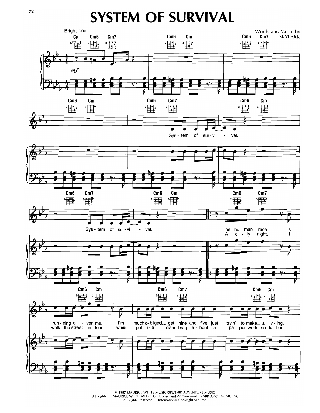 Earth, Wind & Fire System Of Survival sheet music notes and chords arranged for Piano, Vocal & Guitar Chords (Right-Hand Melody)