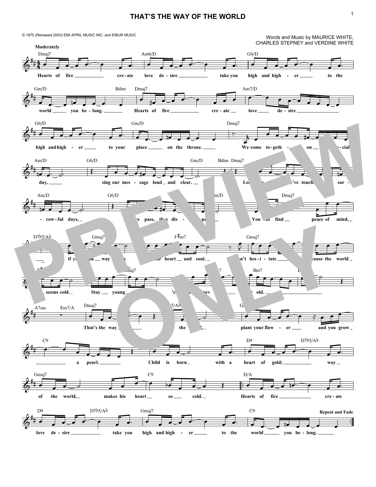 Earth, Wind & Fire That's The Way Of The World sheet music notes and chords arranged for Piano, Vocal & Guitar Chords (Right-Hand Melody)