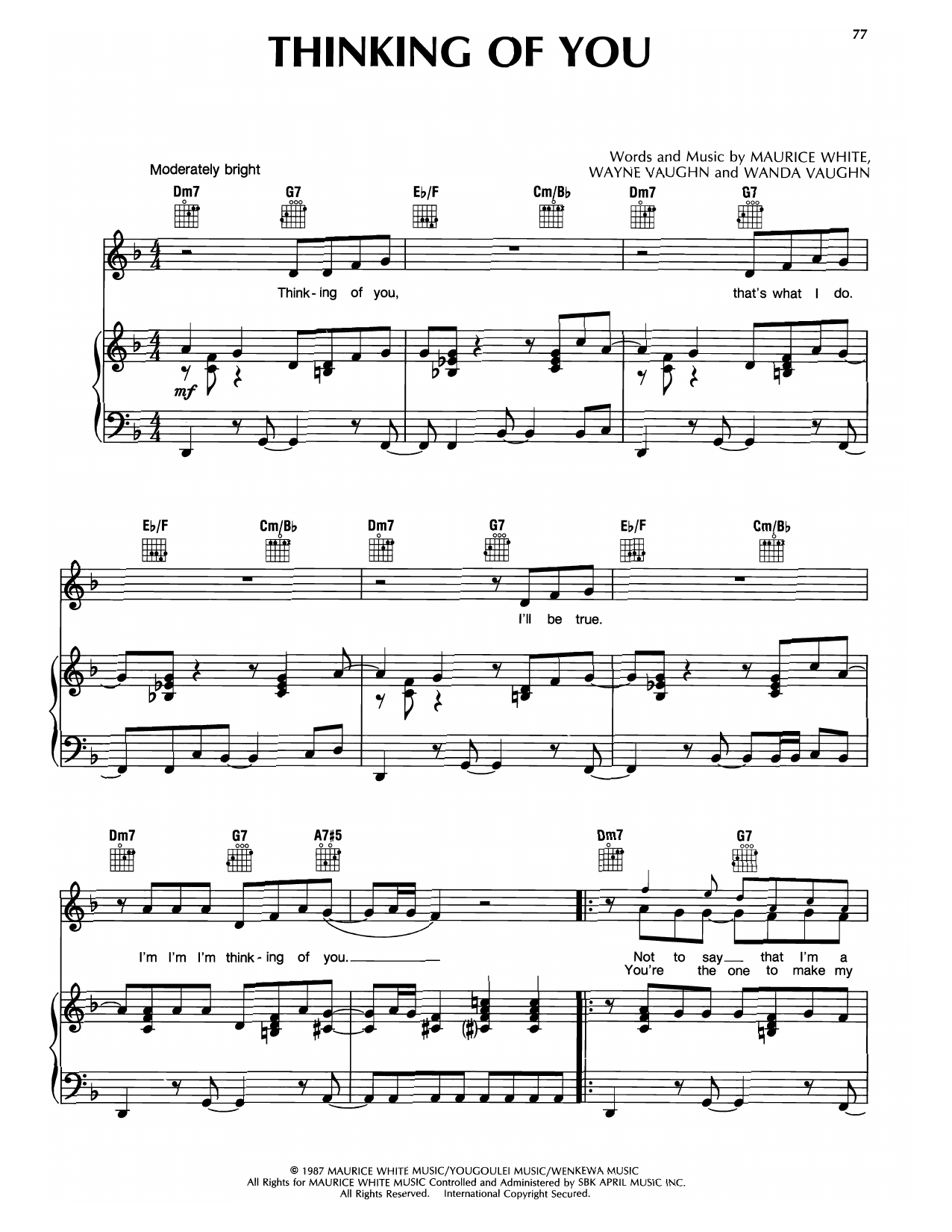 Earth, Wind & Fire Thinking Of You sheet music notes and chords arranged for Piano, Vocal & Guitar Chords (Right-Hand Melody)