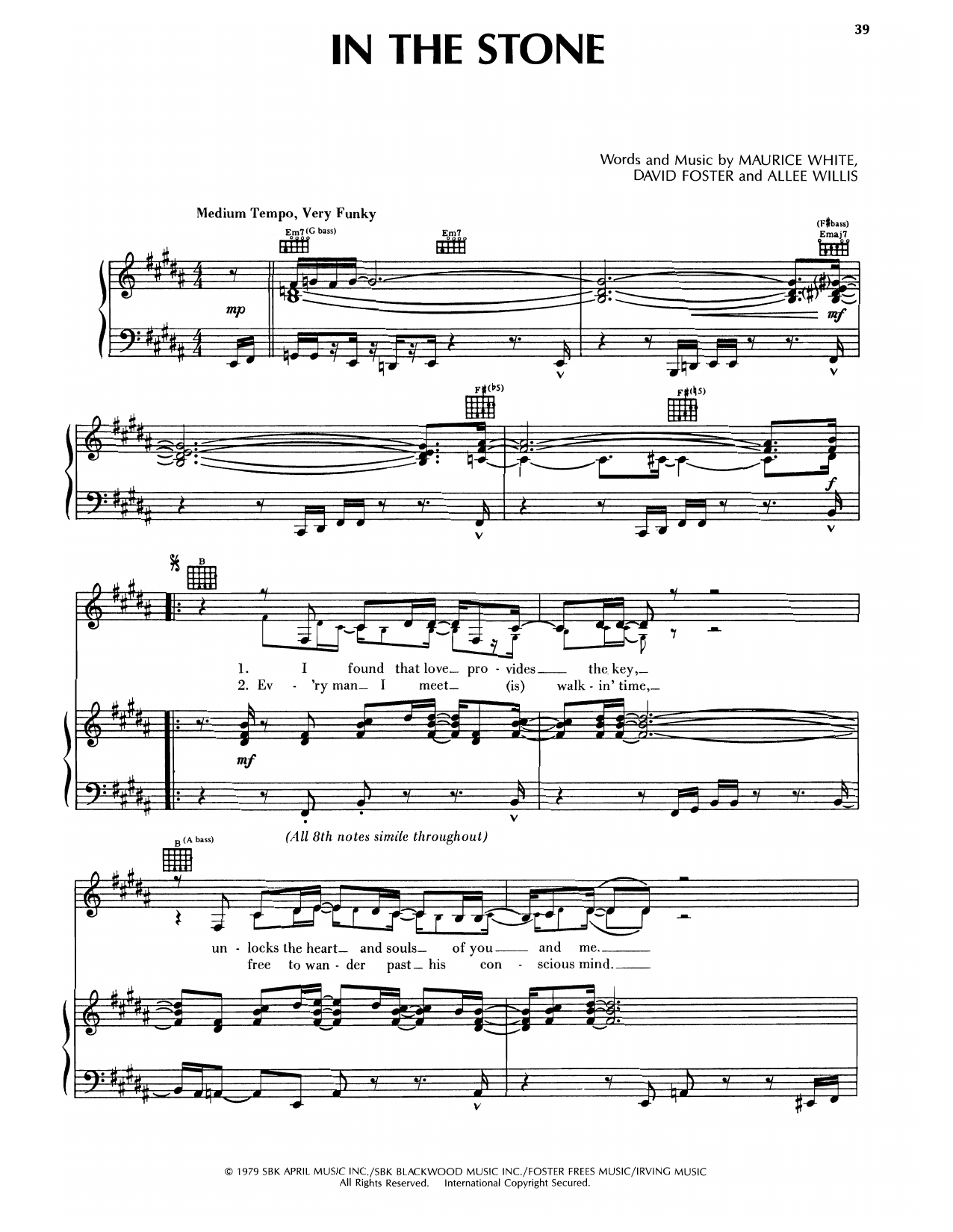 Earth, Wind & Fire In The Stone sheet music notes and chords arranged for Piano, Vocal & Guitar Chords (Right-Hand Melody)