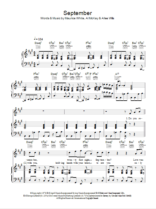 Earth, Wind & Fire September sheet music notes and chords arranged for Piano, Vocal & Guitar Chords