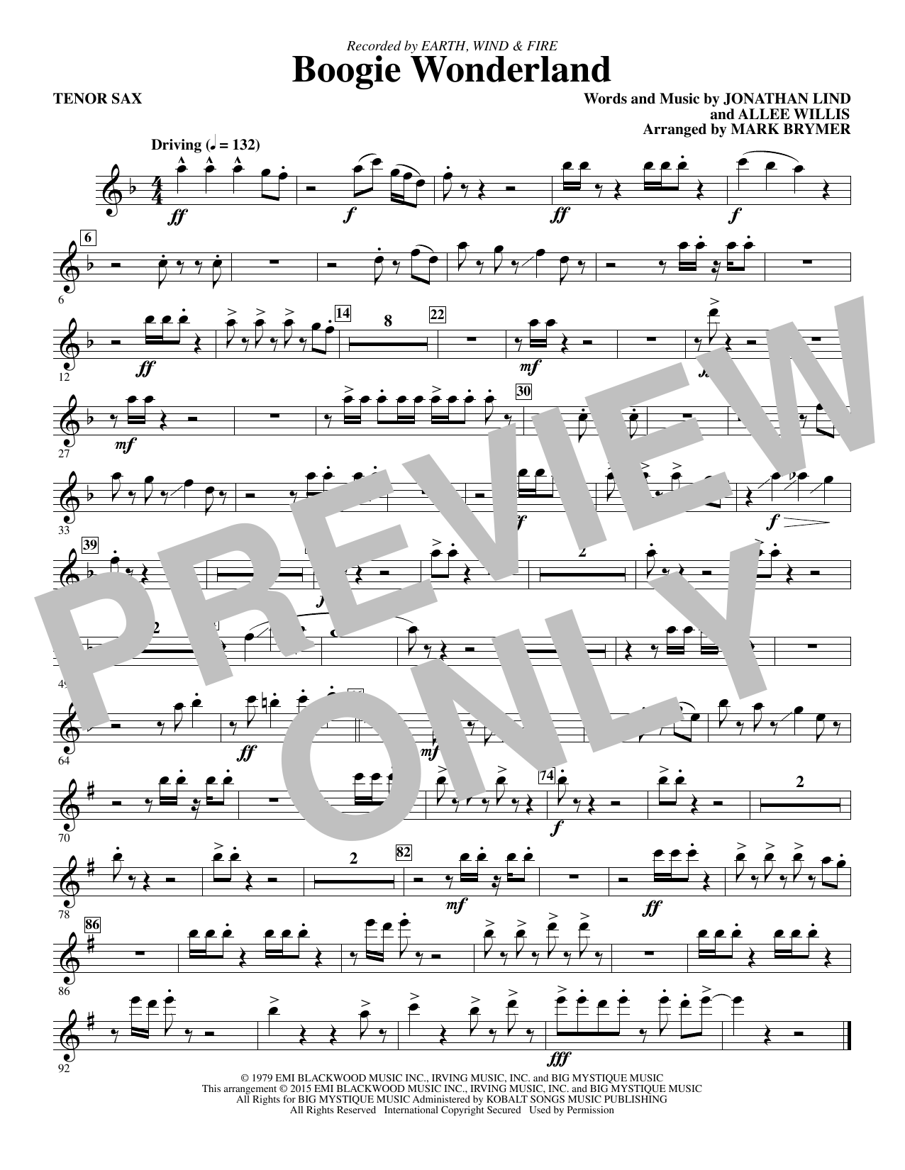 Earth, Wind & Fire Boogie Wonderland - Tenor Saxophone sheet music notes and chords. Download Printable PDF.