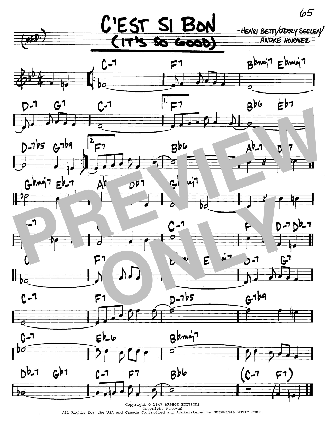 Eartha Kitt C'est Si Bon (It's So Good) sheet music notes and chords arranged for Real Book – Melody & Chords – Bass Clef Instruments