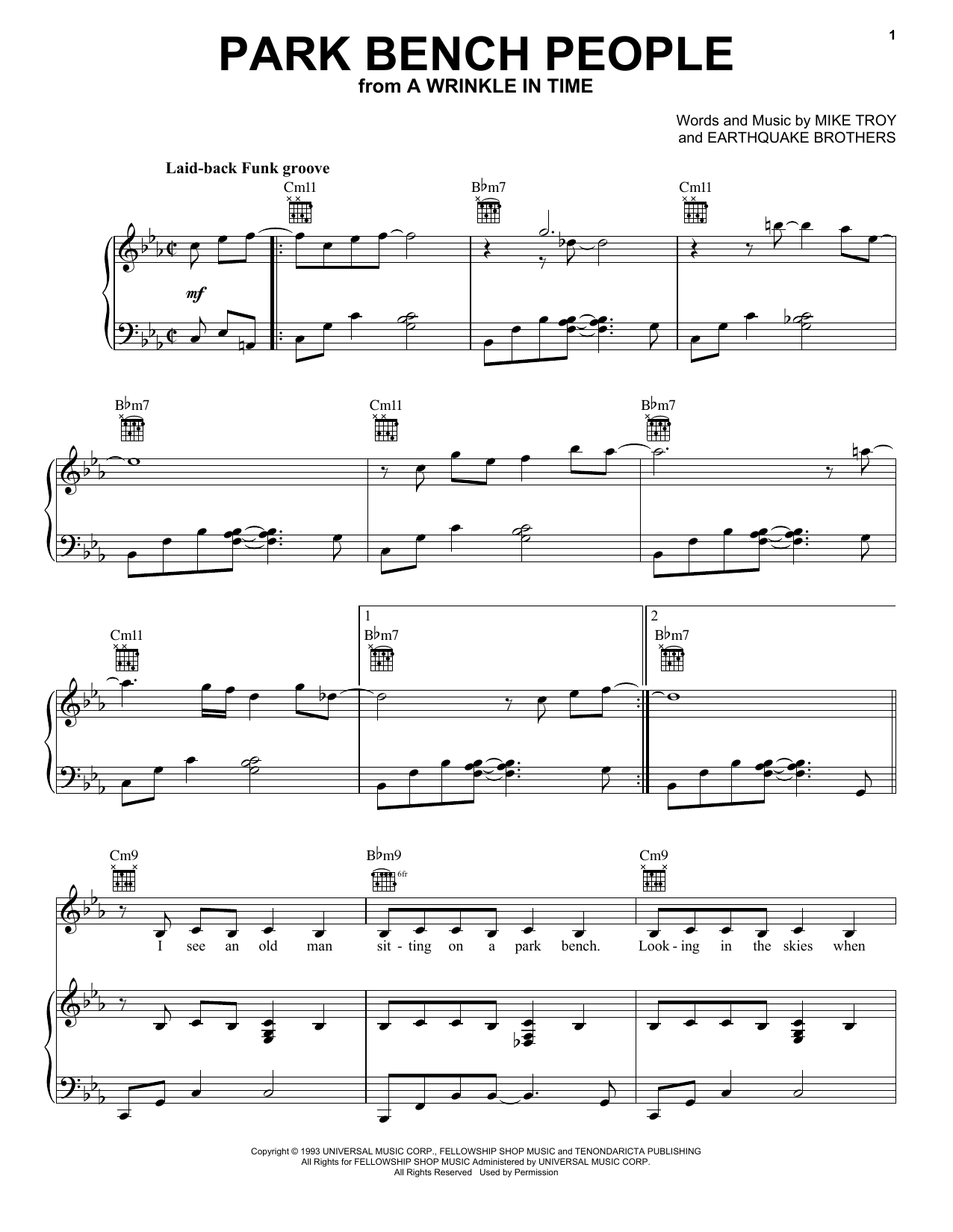Earthquake Brothers Park Bench People (from A Wrinkle In Time) sheet music notes and chords arranged for Easy Piano