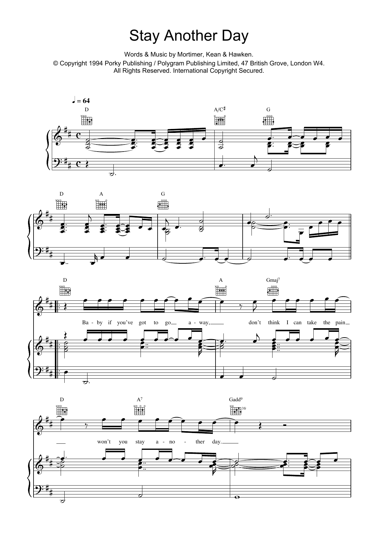 East 17 Stay Another Day sheet music notes and chords arranged for Piano, Vocal & Guitar Chords