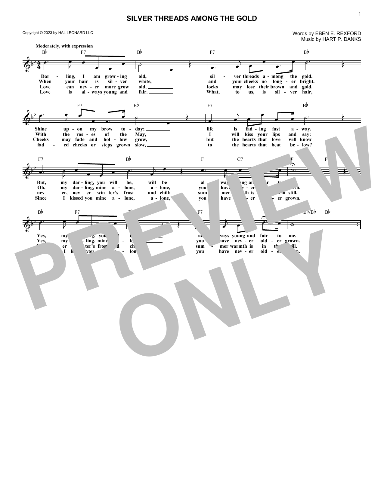 Eben E. Rexford and Hart P. Danks Silver Threads Among The Gold sheet music notes and chords arranged for Lead Sheet / Fake Book