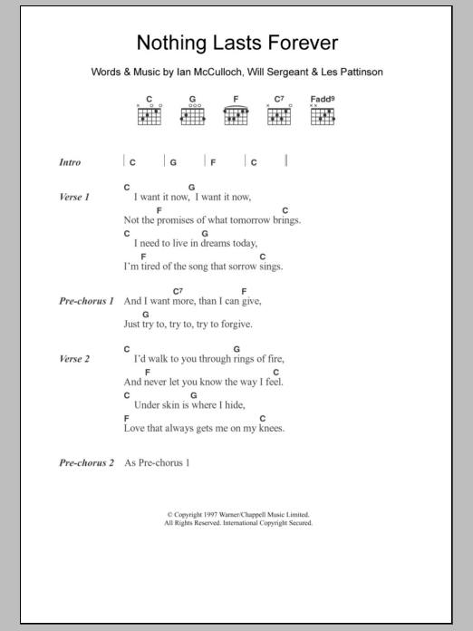Echo & The Bunnymen Nothing Lasts Forever sheet music notes and chords arranged for Guitar Chords/Lyrics