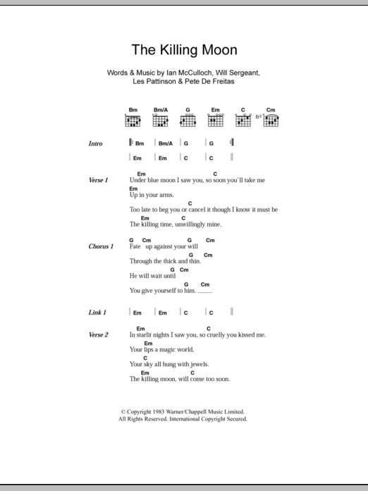Echo & The Bunnymen The Killing Moon sheet music notes and chords arranged for Guitar Chords/Lyrics
