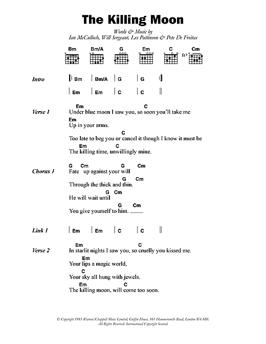 Echo & The Bunnymen The Killing Moon sheet music notes and chords arranged for Guitar Chords/Lyrics