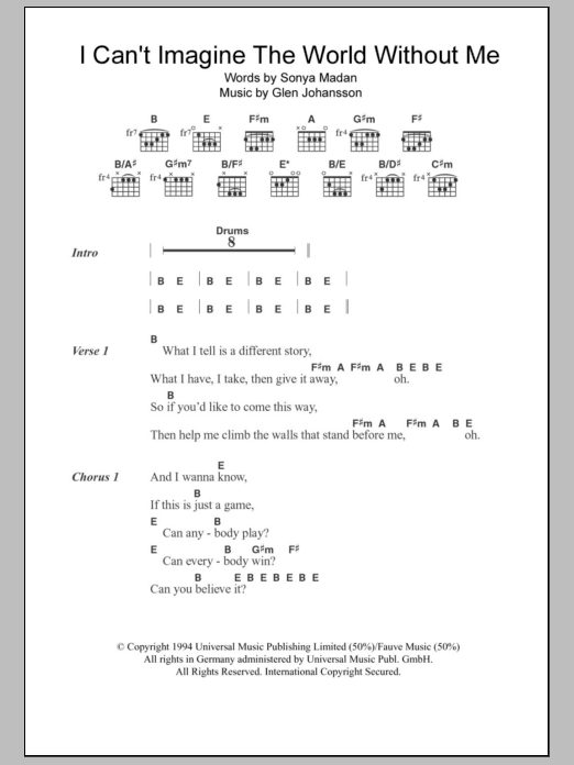 Echobelly I Can't Imagine The World Without Me sheet music notes and chords arranged for Guitar Chords/Lyrics