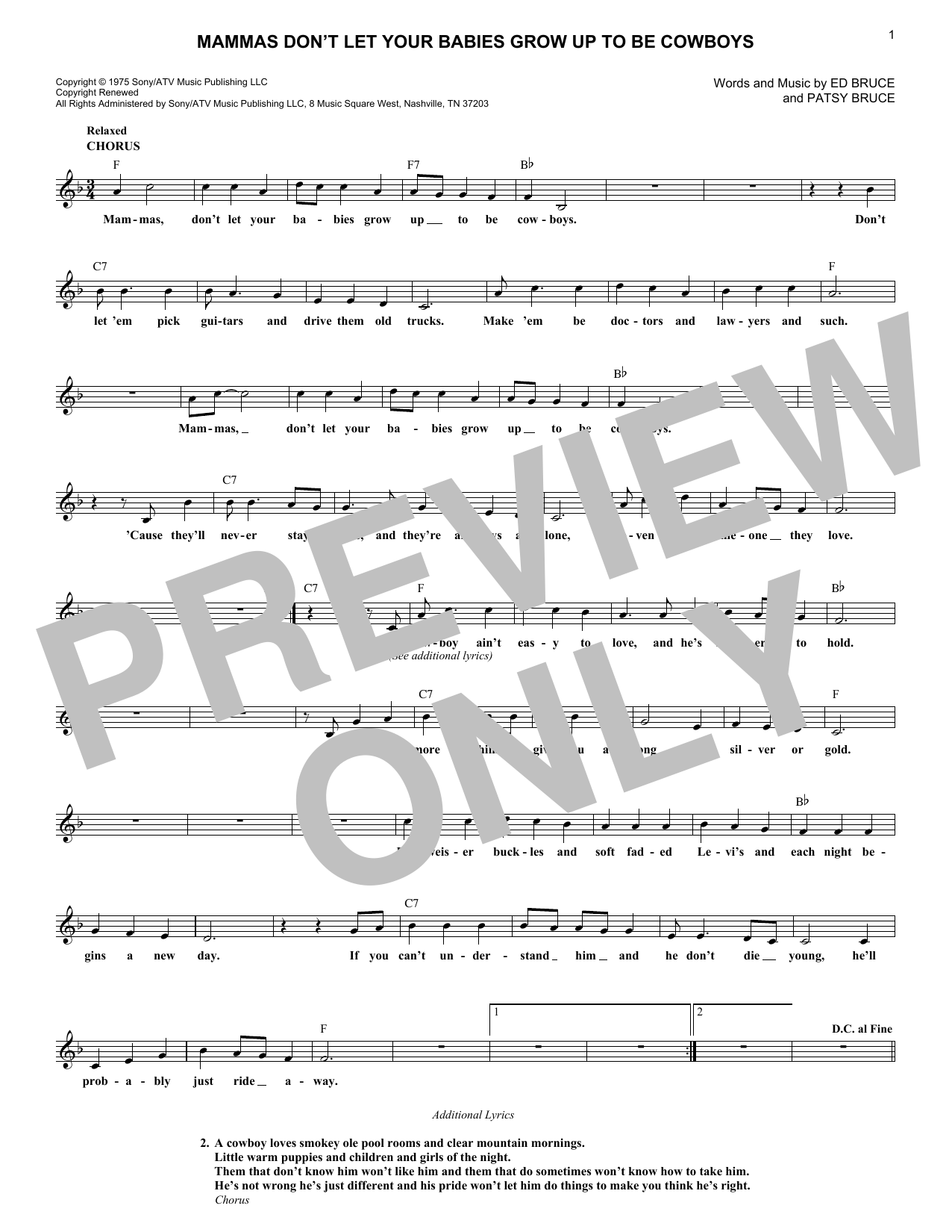 Ed Bruce Mammas Don't Let Your Babies Grow Up To Be Cowboys sheet music notes and chords arranged for Real Book – Melody, Lyrics & Chords