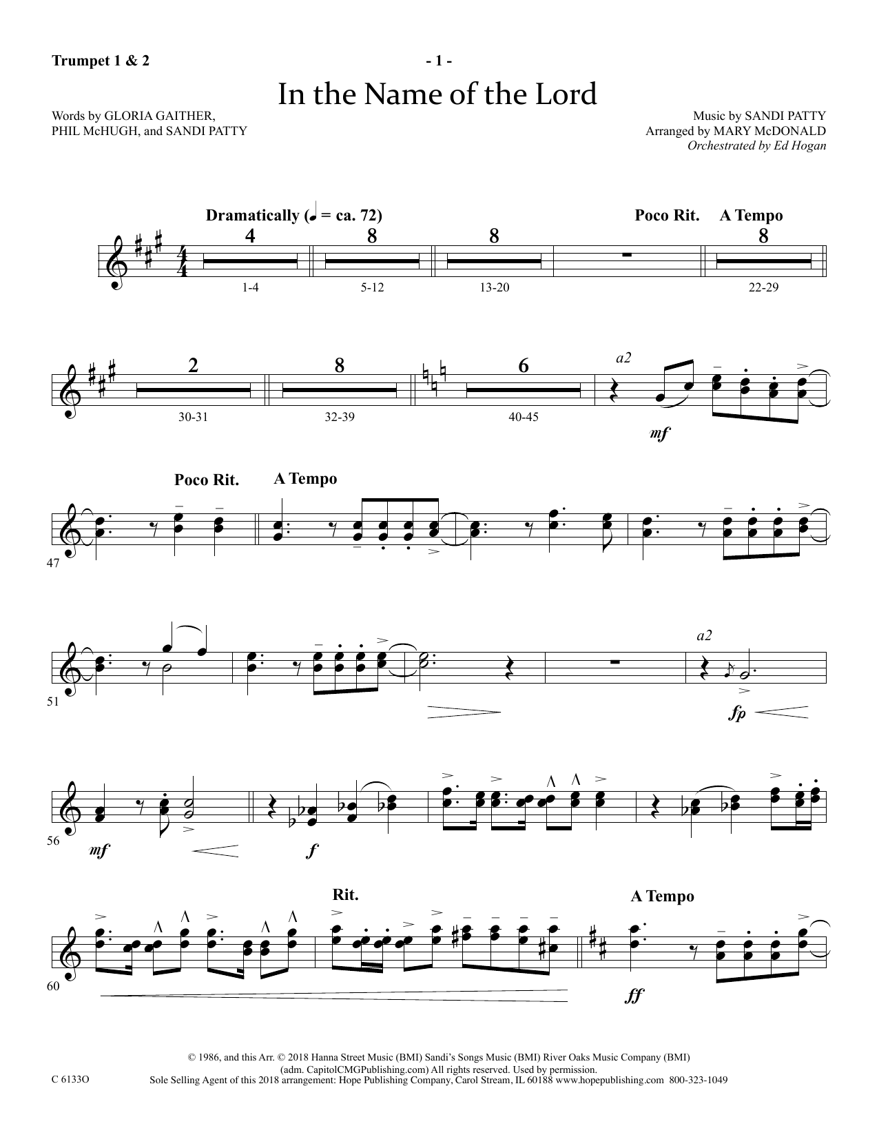 Ed Hogan In The Name Of The Lord - Bb Trumpet 1 & 2 sheet music notes and chords arranged for Choir Instrumental Pak