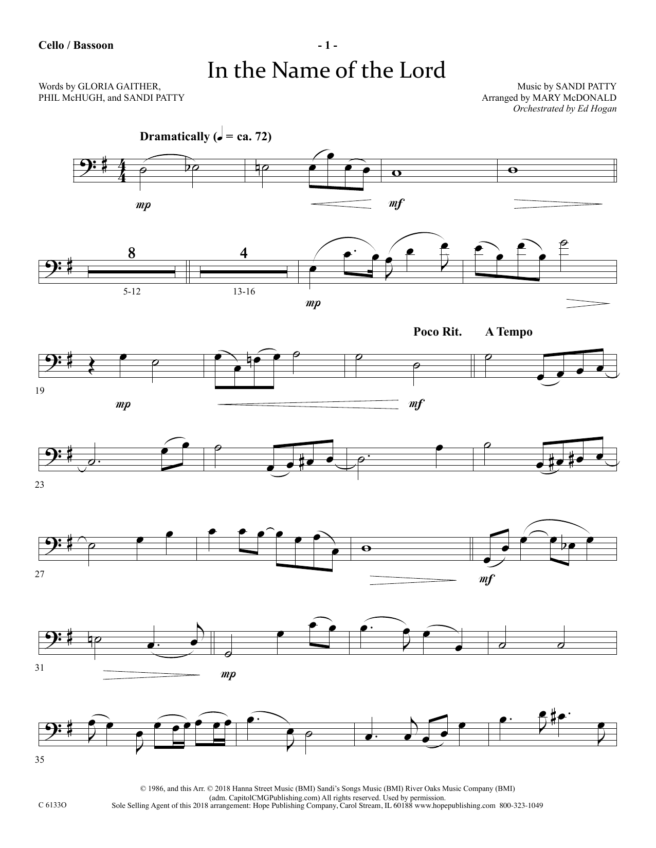 Ed Hogan In The Name Of The Lord - Cello/Bassoon sheet music notes and chords arranged for Choir Instrumental Pak