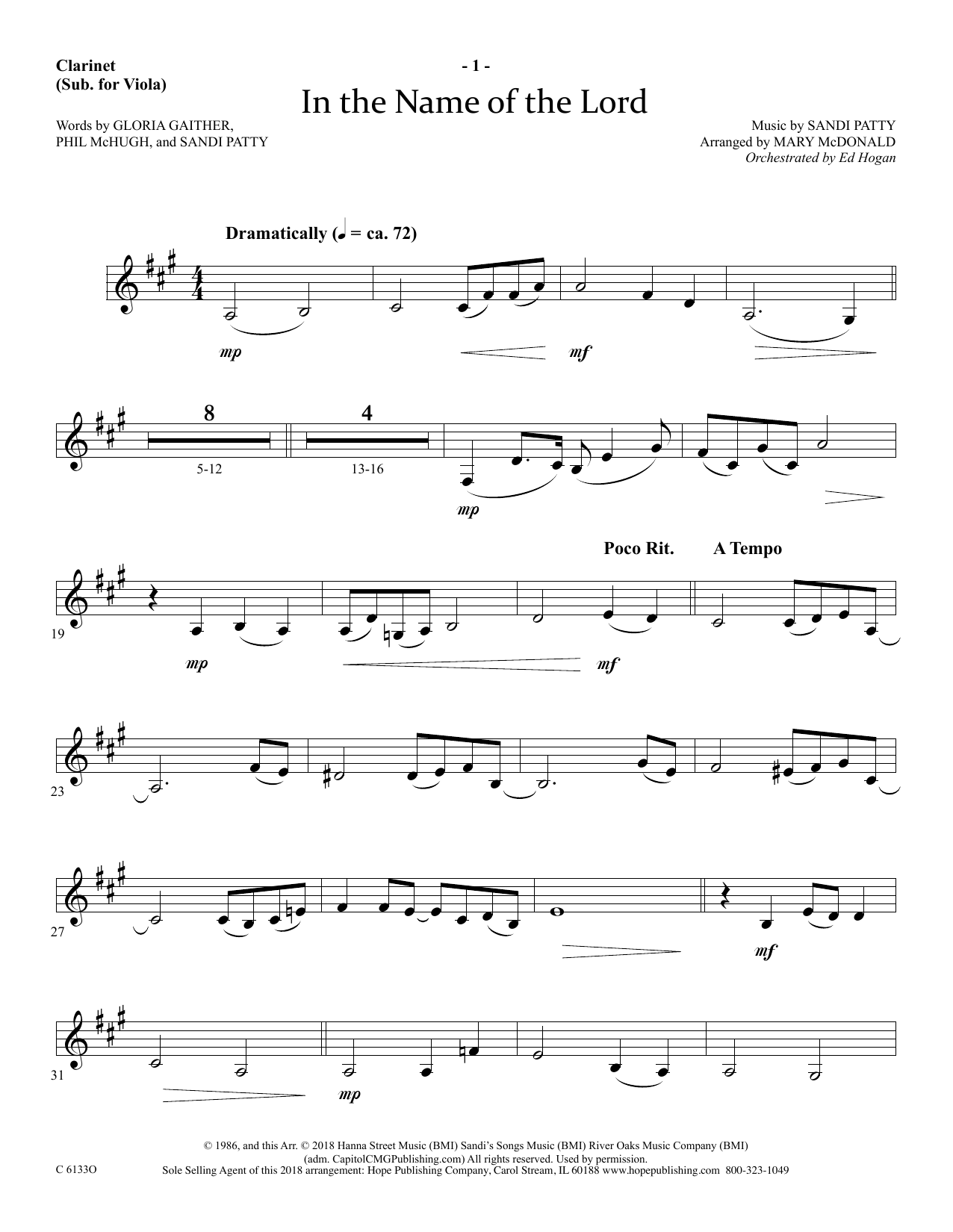 Ed Hogan In The Name Of The Lord - Clarinet (sub Viola) sheet music notes and chords arranged for Choir Instrumental Pak