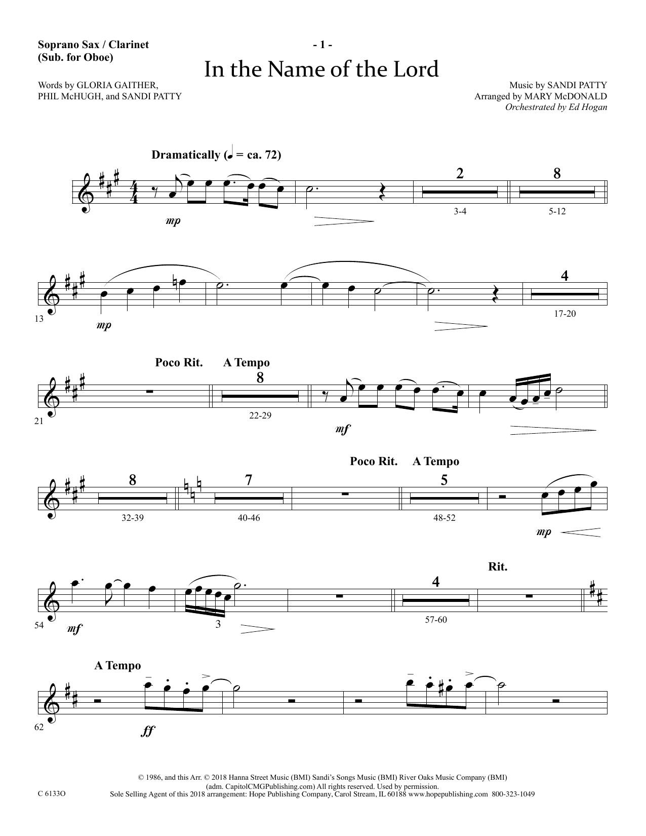 Ed Hogan In The Name Of The Lord - Soprano Sax/Clarinet(sub oboe) sheet music notes and chords arranged for Choir Instrumental Pak