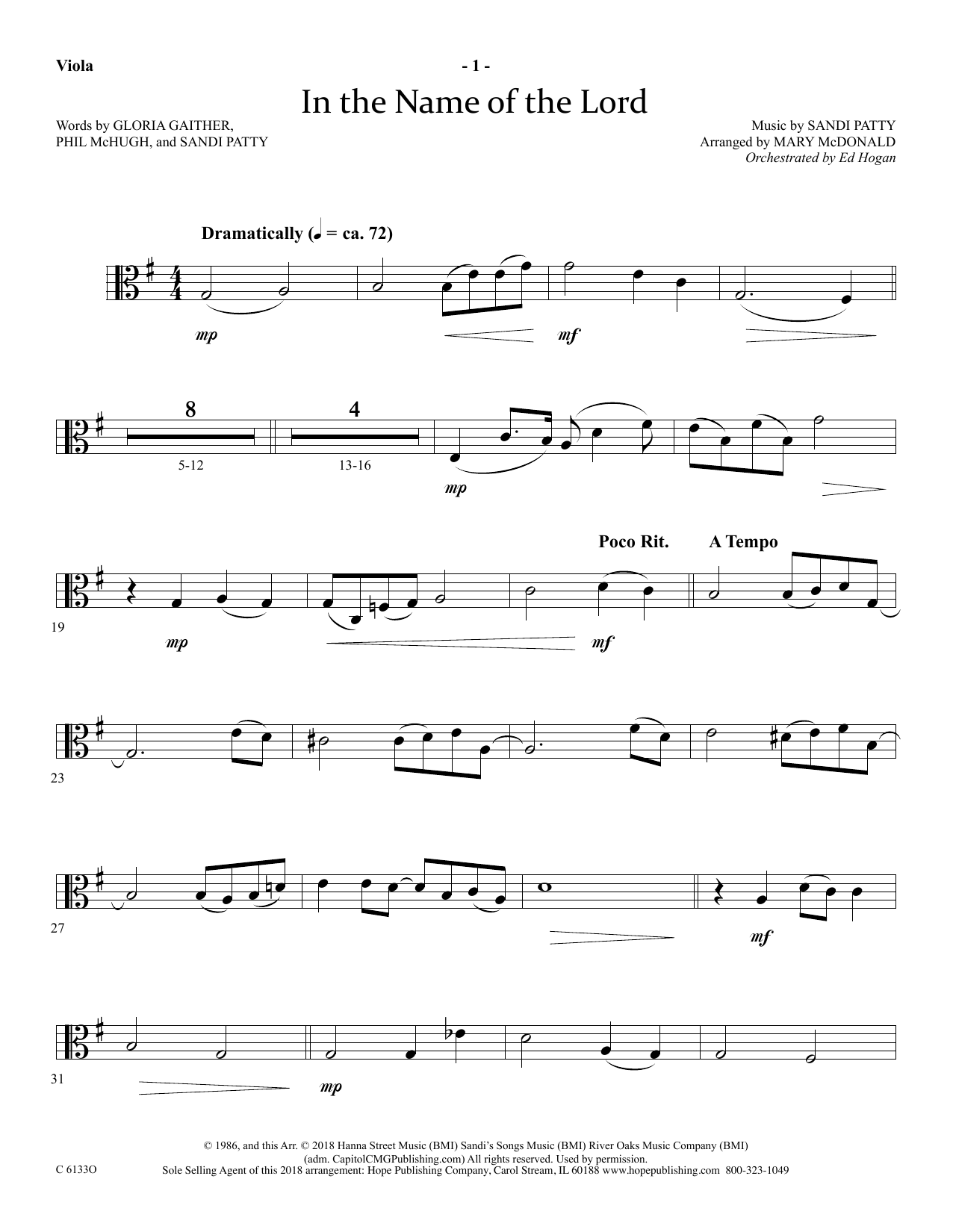Ed Hogan In The Name Of The Lord - Viola sheet music notes and chords arranged for Choir Instrumental Pak