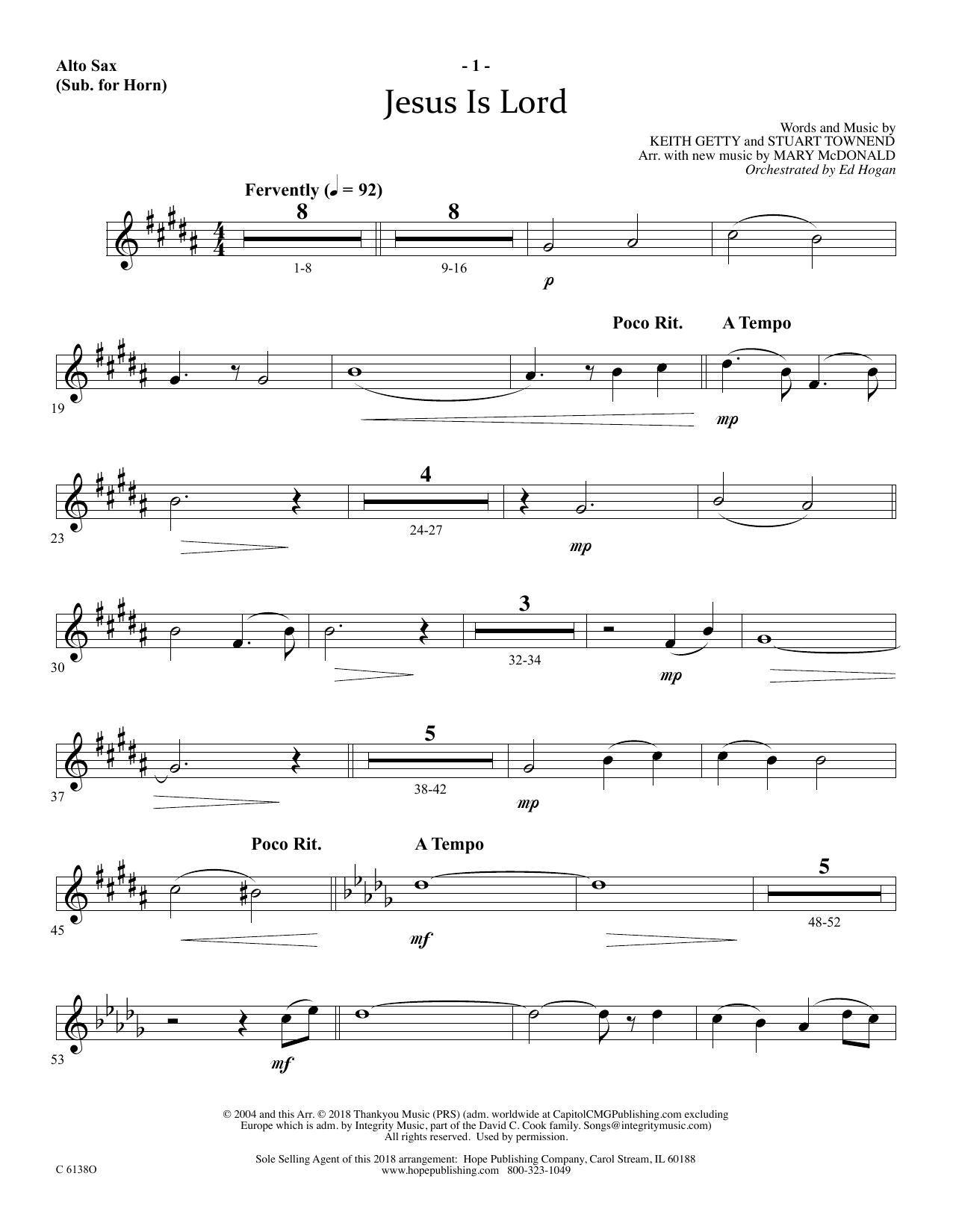 Ed Hogan Jesus Is Lord - Alto Sax (Horn sub.) sheet music notes and chords arranged for Choir Instrumental Pak