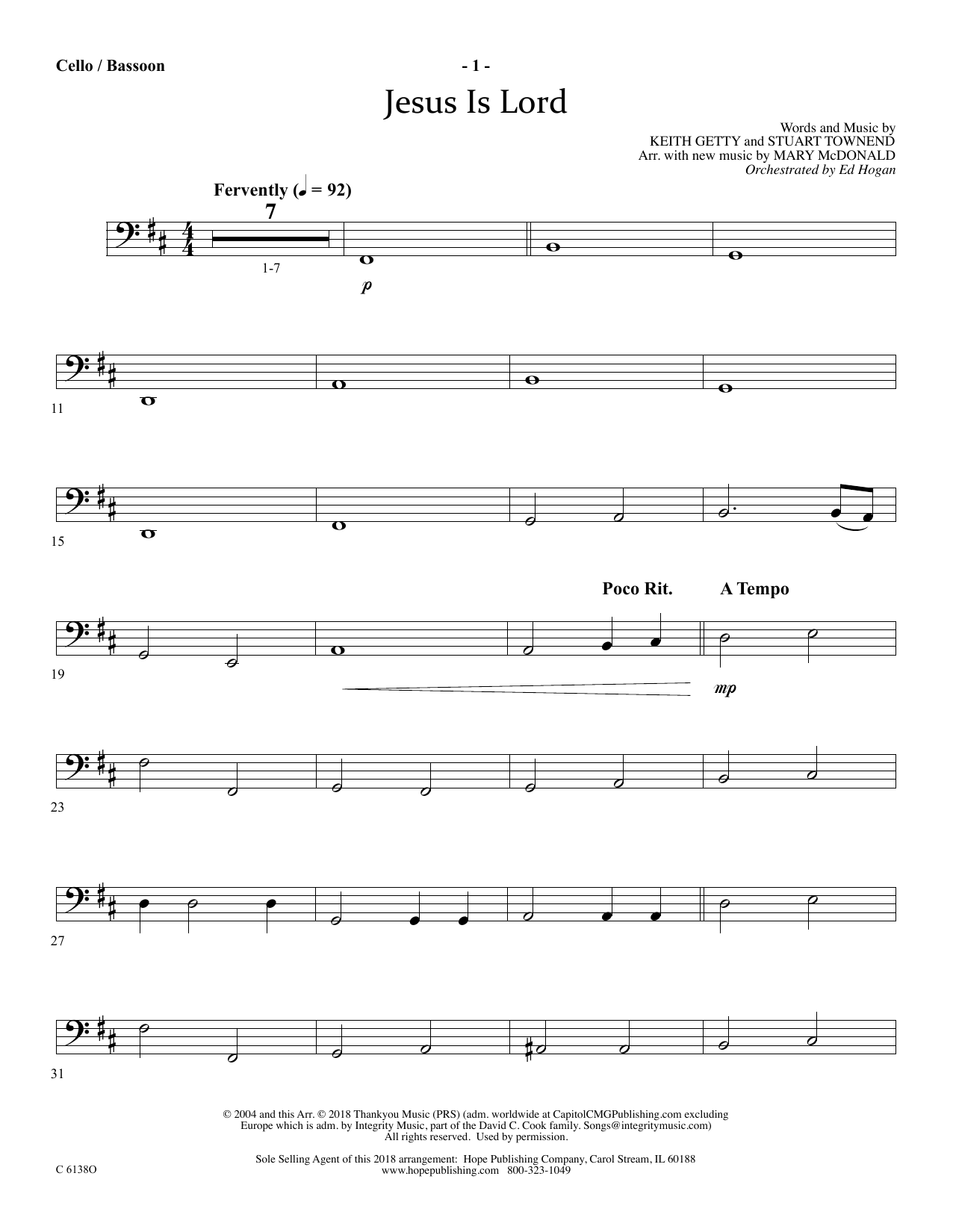 Ed Hogan Jesus Is Lord - Cello/Bassoon sheet music notes and chords arranged for Choir Instrumental Pak