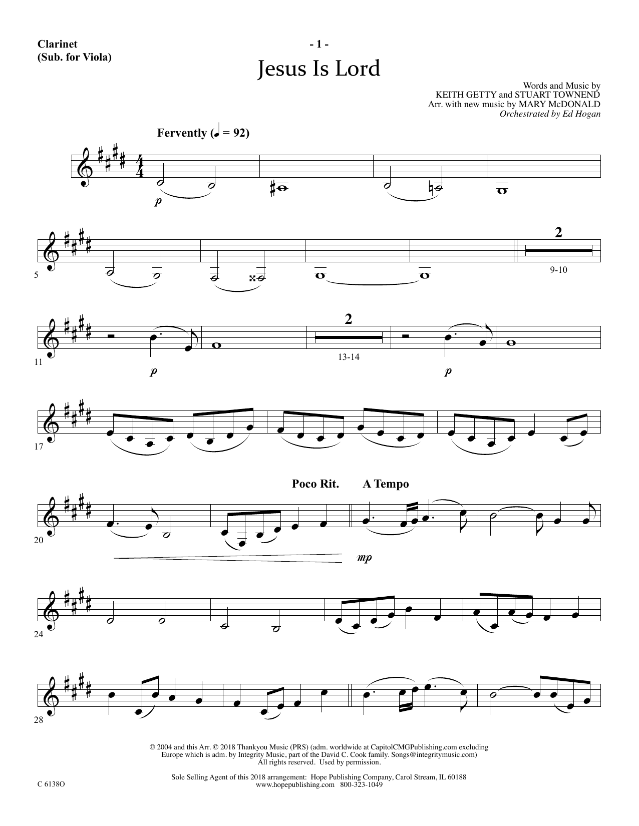 Ed Hogan Jesus Is Lord - Clarinet (sub Viola) sheet music notes and chords arranged for Choir Instrumental Pak