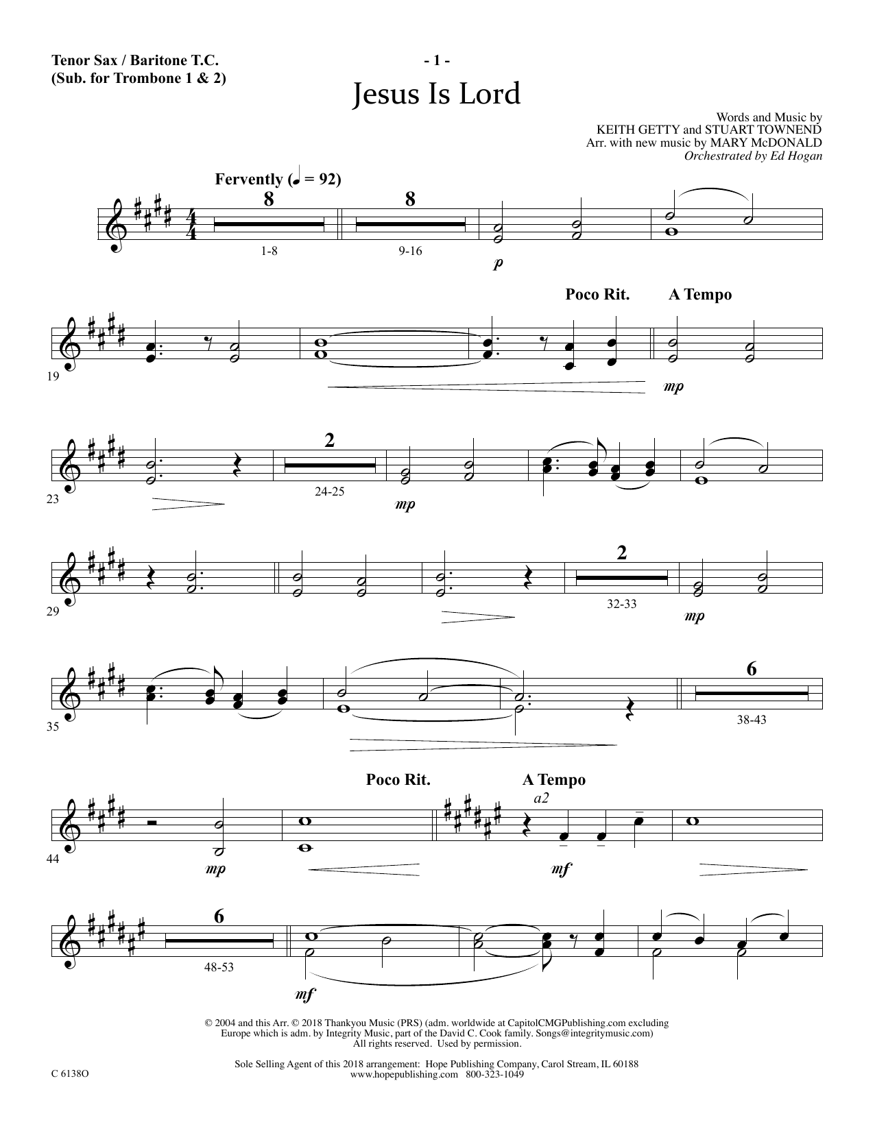 Ed Hogan Jesus Is Lord - Tenor Sax/BariTC (sub Tbn 1-2) sheet music notes and chords arranged for Choir Instrumental Pak