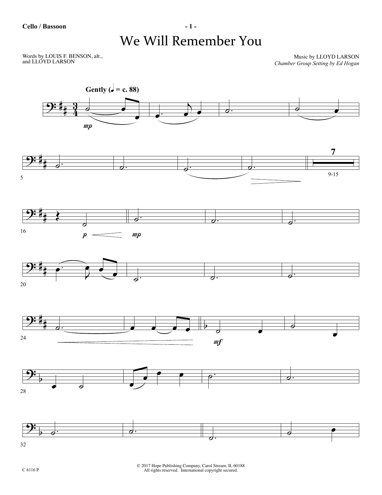Ed Hogan We Will Remember You - Cello/Bassoon sheet music notes and chords arranged for Choir Instrumental Pak