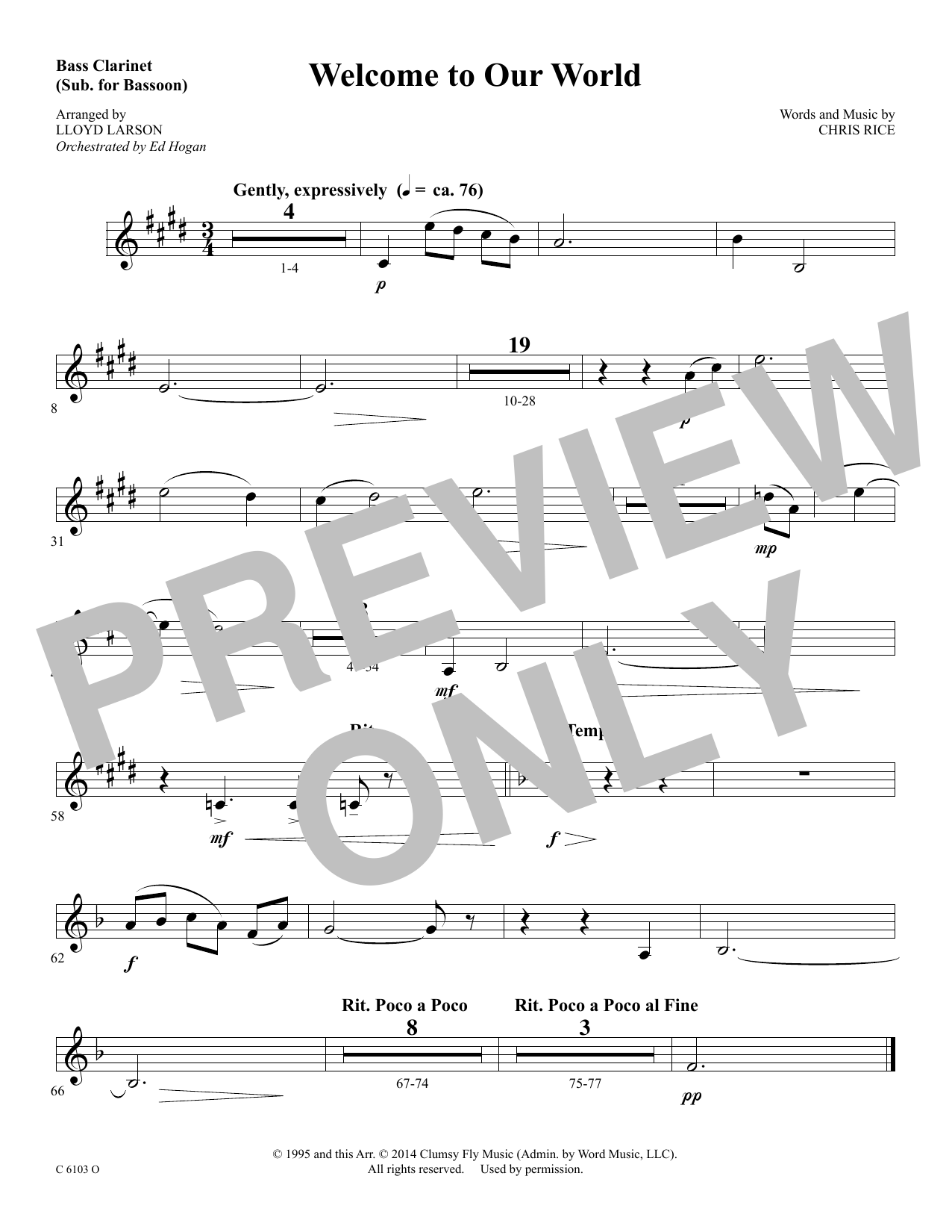 Ed Hogan Welcome to Our World - Bass Clarinet sheet music notes and chords arranged for Choir Instrumental Pak