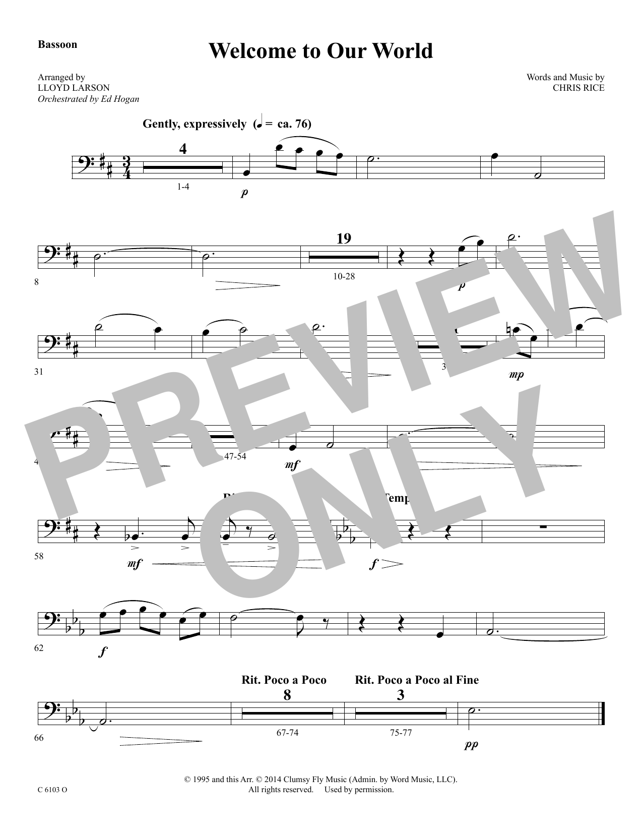 Ed Hogan Welcome to Our World - Bassoon sheet music notes and chords arranged for Choir Instrumental Pak