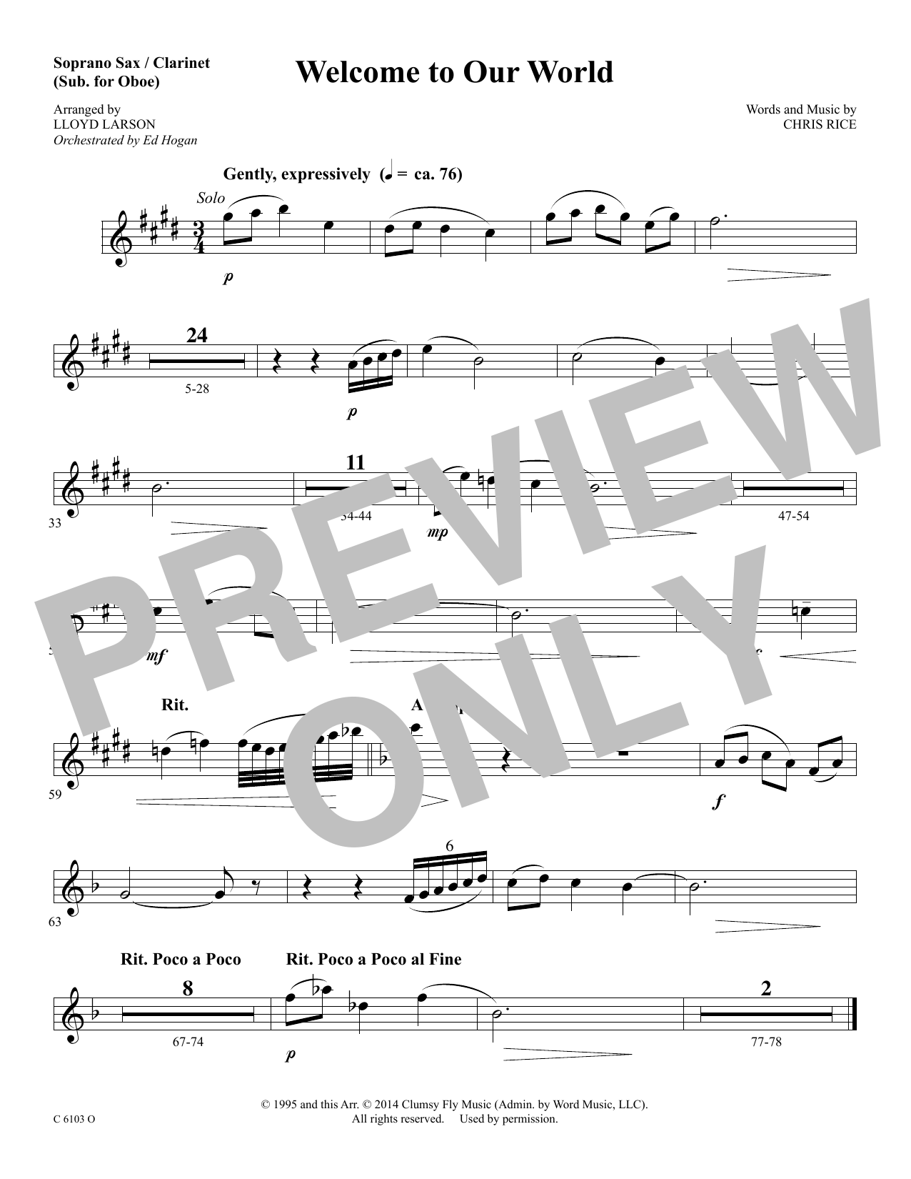 Ed Hogan Welcome to Our World - Soprano Sax/Clarinet(sub oboe) sheet music notes and chords arranged for Choir Instrumental Pak