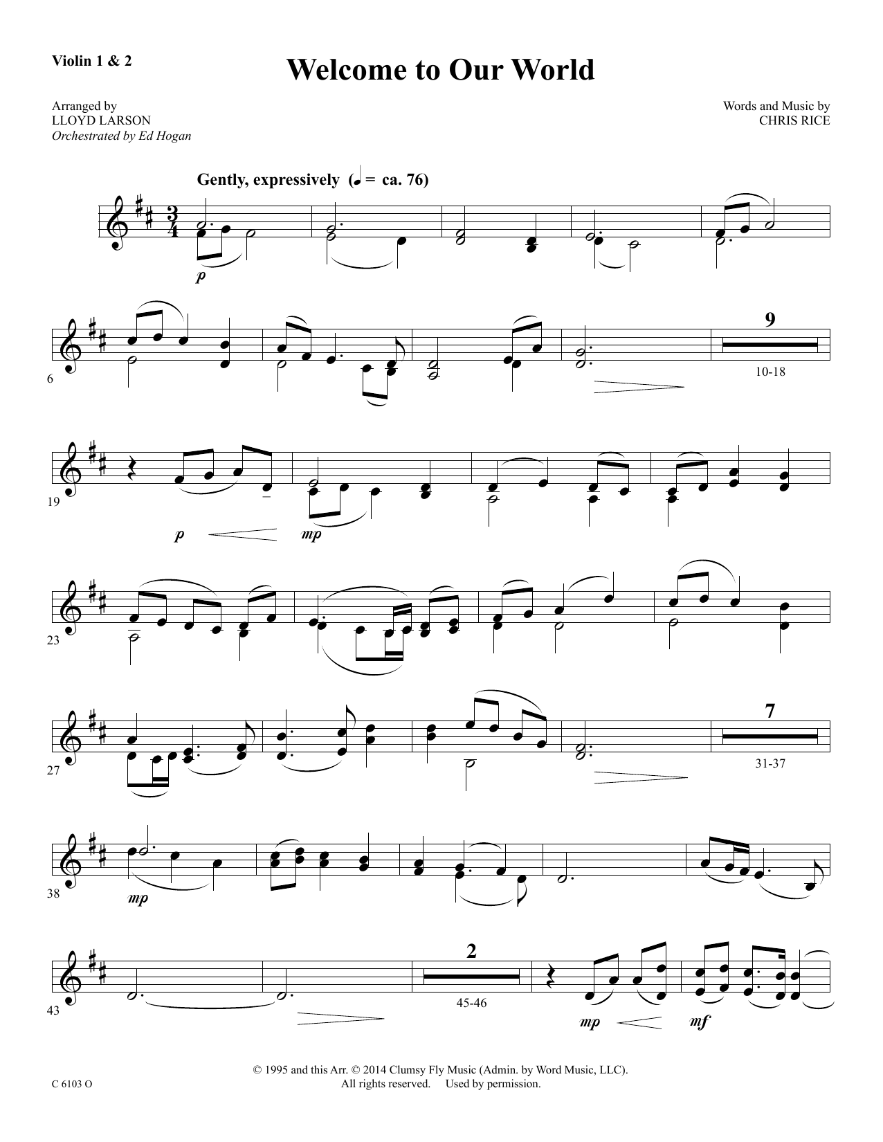 Ed Hogan Welcome to Our World - Violin 1, 2 sheet music notes and chords arranged for Choir Instrumental Pak