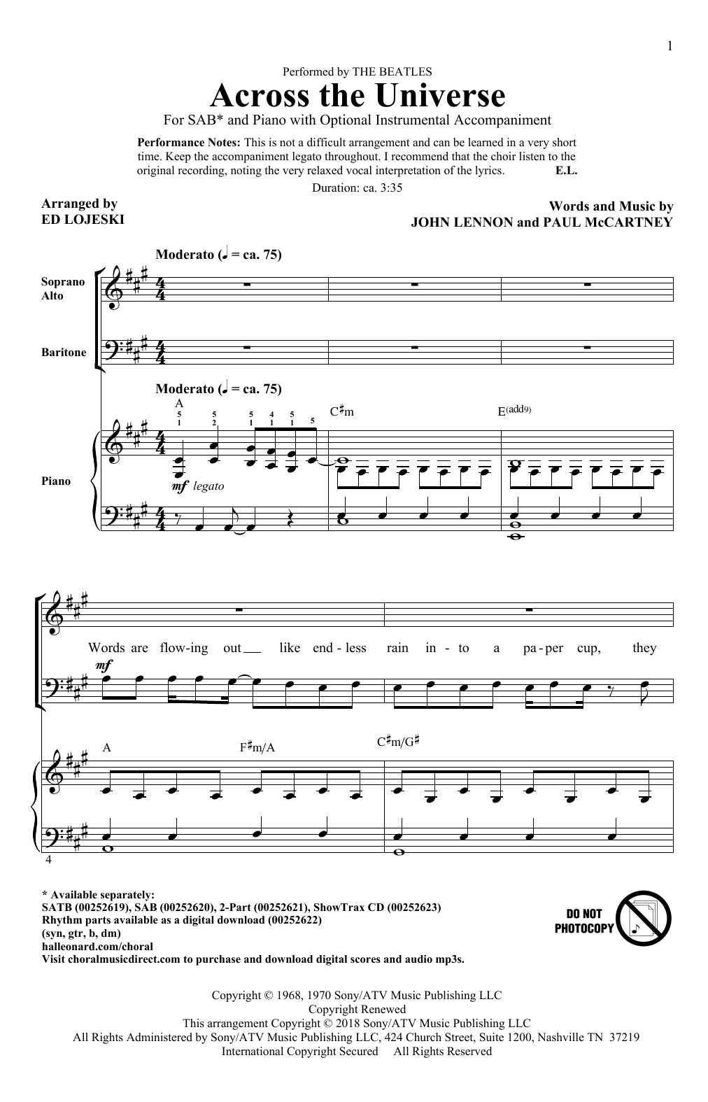 Ed Lojeski Across The Universe sheet music notes and chords arranged for 2-Part Choir