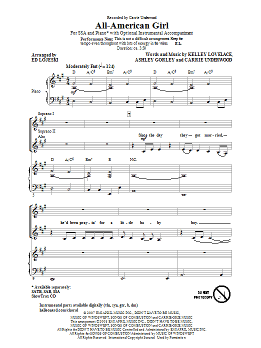 Ed Lojeski All-American Girl sheet music notes and chords arranged for SSA Choir