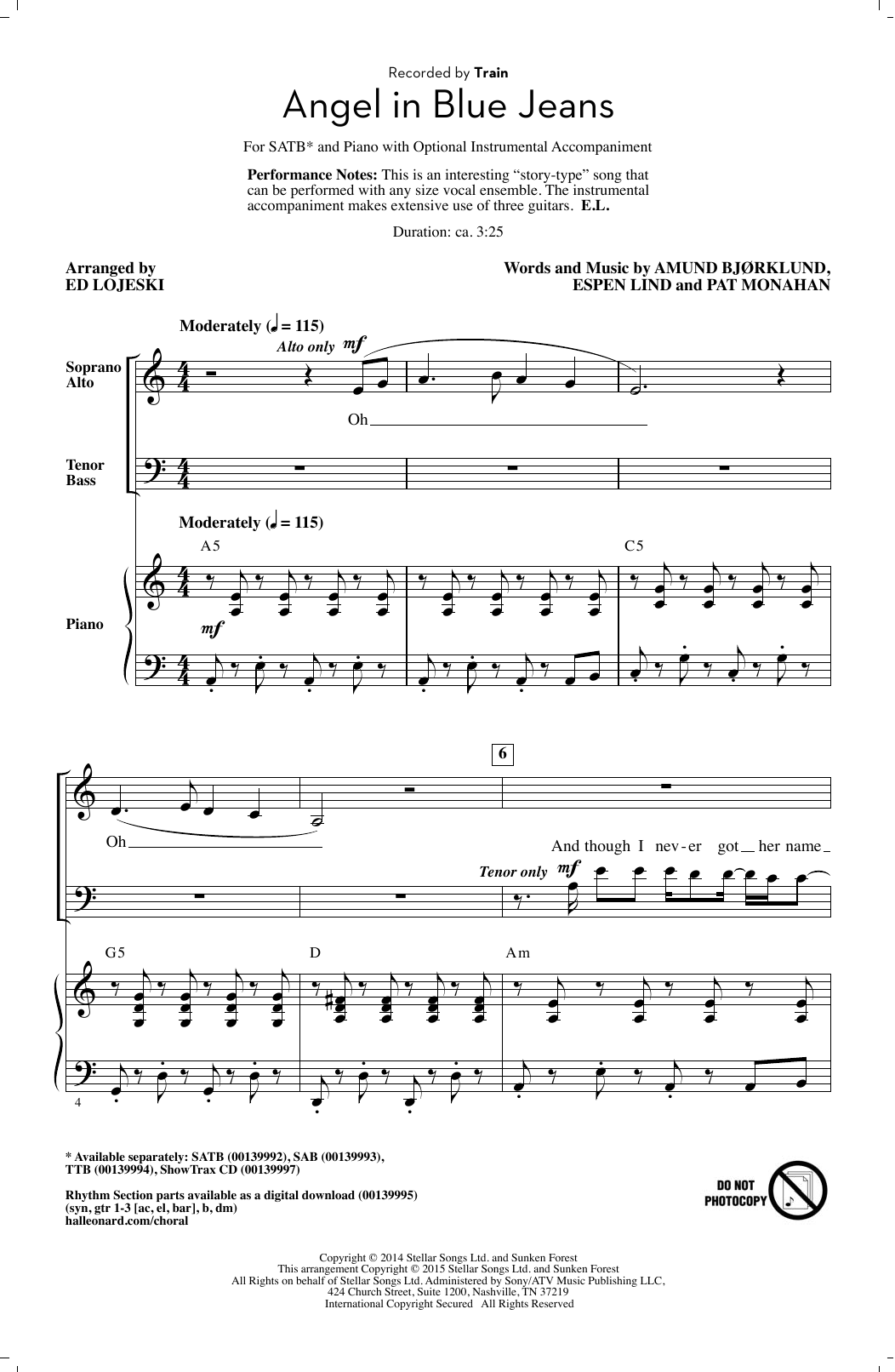 Ed Lojeski Angel In Blue Jeans sheet music notes and chords arranged for SAB Choir