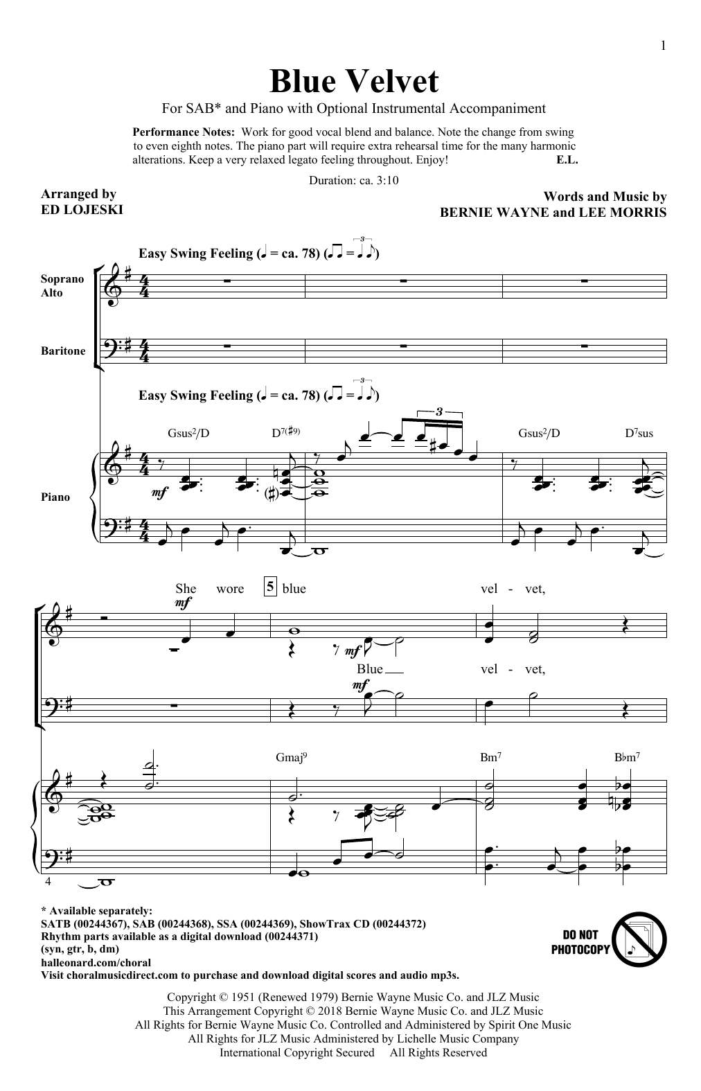 Ed Lojeski Blue Velvet sheet music notes and chords arranged for SAB Choir