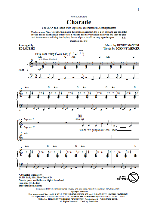 Ed Lojeski Charade sheet music notes and chords arranged for SATB Choir