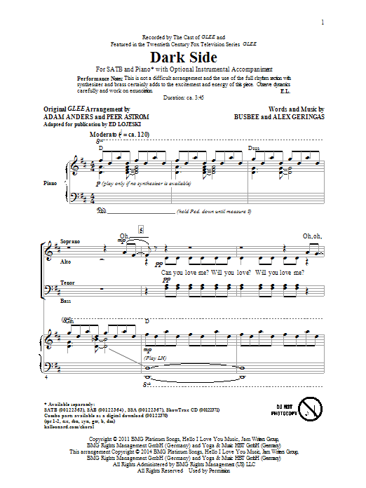 Ed Lojeski Dark Side sheet music notes and chords arranged for SAB Choir