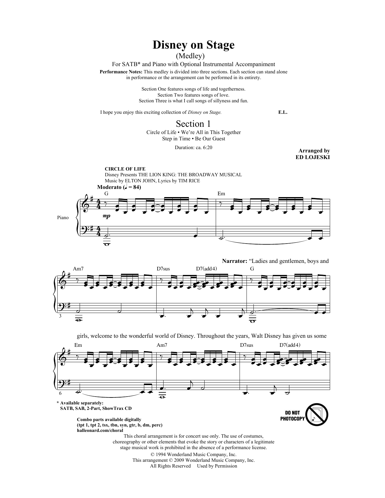 Ed Lojeski Disney On Stage (Medley) sheet music notes and chords arranged for 2-Part Choir