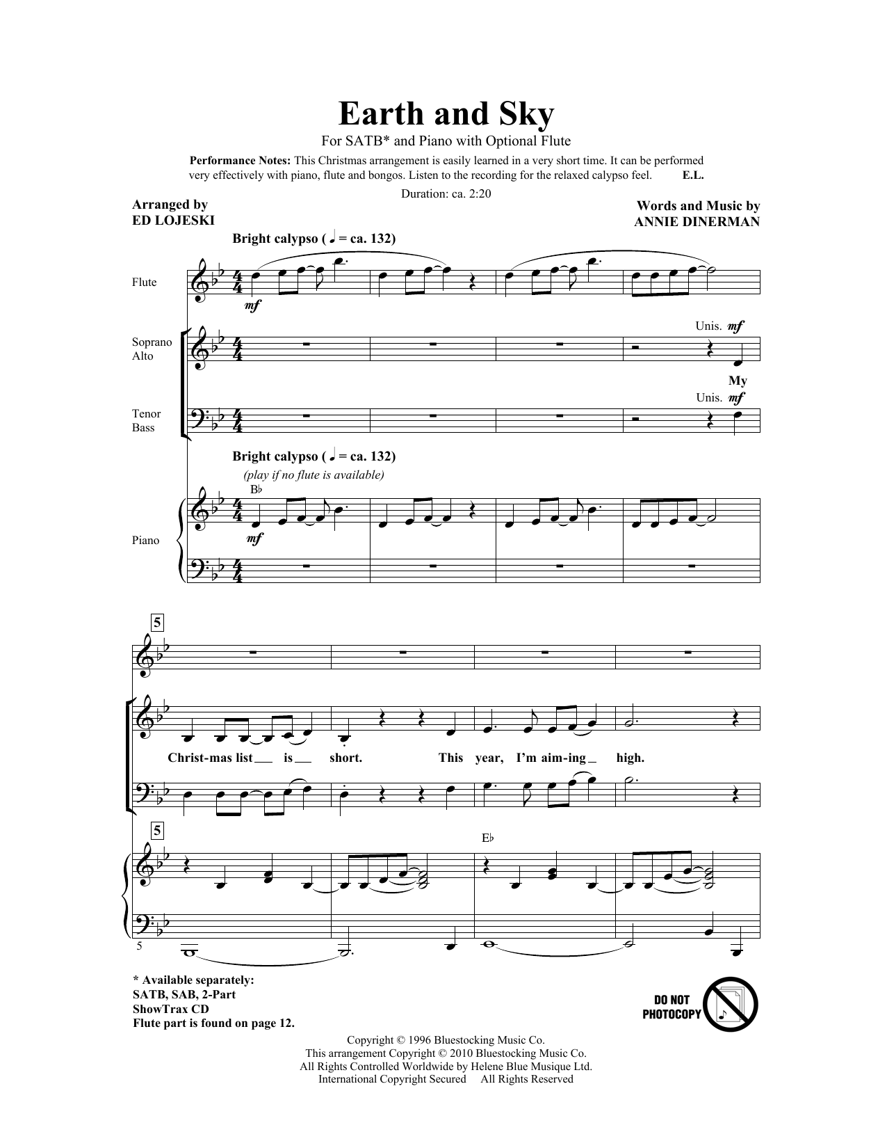 Ed Lojeski Earth And Sky sheet music notes and chords arranged for SAB Choir