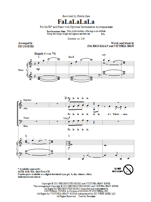 Ed Lojeski FaLaLaLaLa sheet music notes and chords arranged for SAB Choir